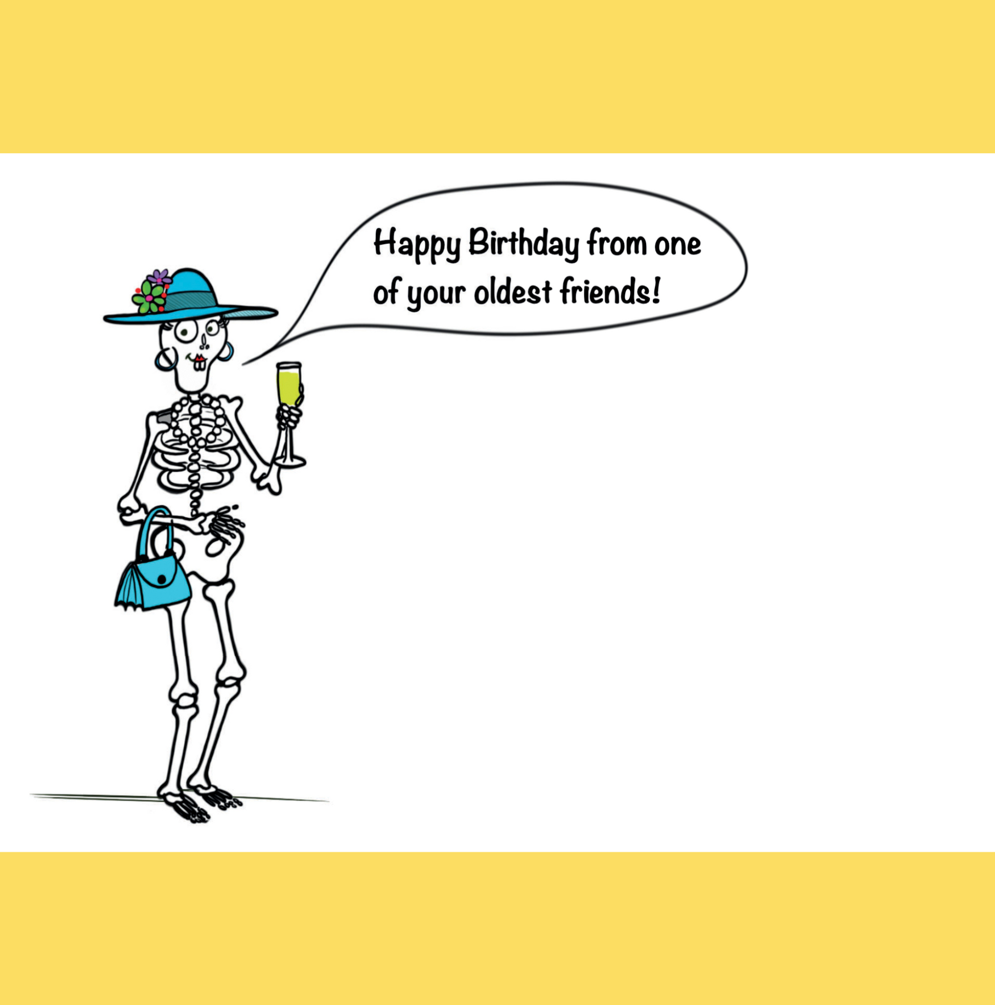 At a party in an elegant ballroom adorned with beautiful chandeliers a nicly dressed lady holding a tray of appetizers walks up to a lady skeleton wearing a fashionable hat, necklace and purse holding a glass of champagne in her hand. The skeleton says "Oh no Phyllis I can't have bean dip it just goes right though me".The funny "Bean Dip" comic is a favorite in the Toe's Town wine and gift bag collection especially for those with irritable bowel syndrome or other stomach sensitivities.