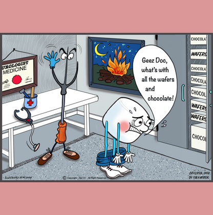 Inside a doctors examining room a diploma hangs on the wall indicating the doctor has a degree in urology. On the adjacent wall hangs a nighttime picture of a fire pit in a campground. On the far side of the examining room is a storage closet with the door open revelaing a large stack of wafers and chocolate. The doctor is a three pronged marshmallow roasting stick with his head being the center prong and the two outer prongs acting as his hands. He has a rubber glove on his left hand and is about to do a
