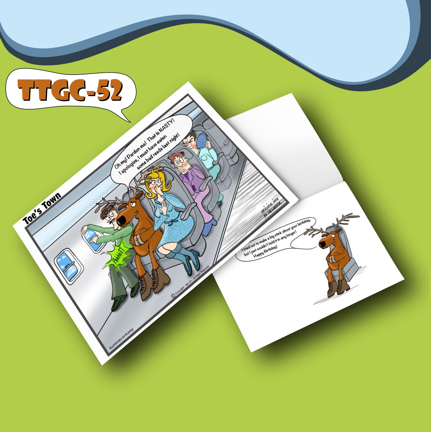 Onboard a large air plane that is at full capacity a large moose with large antlers sits in the middle seat between two other passengers. The male passenger sitting in the window seat is trying to pry open the window and the lady in the other seat beside the moose is pinching her nose as there is a horrific smell in the plane. The moose is holding his belly with his two hooves as if his stomach was upset. Other passengers throughout the plane are visibly revolted by the smell.  The moose say "Oh my!. Pardon